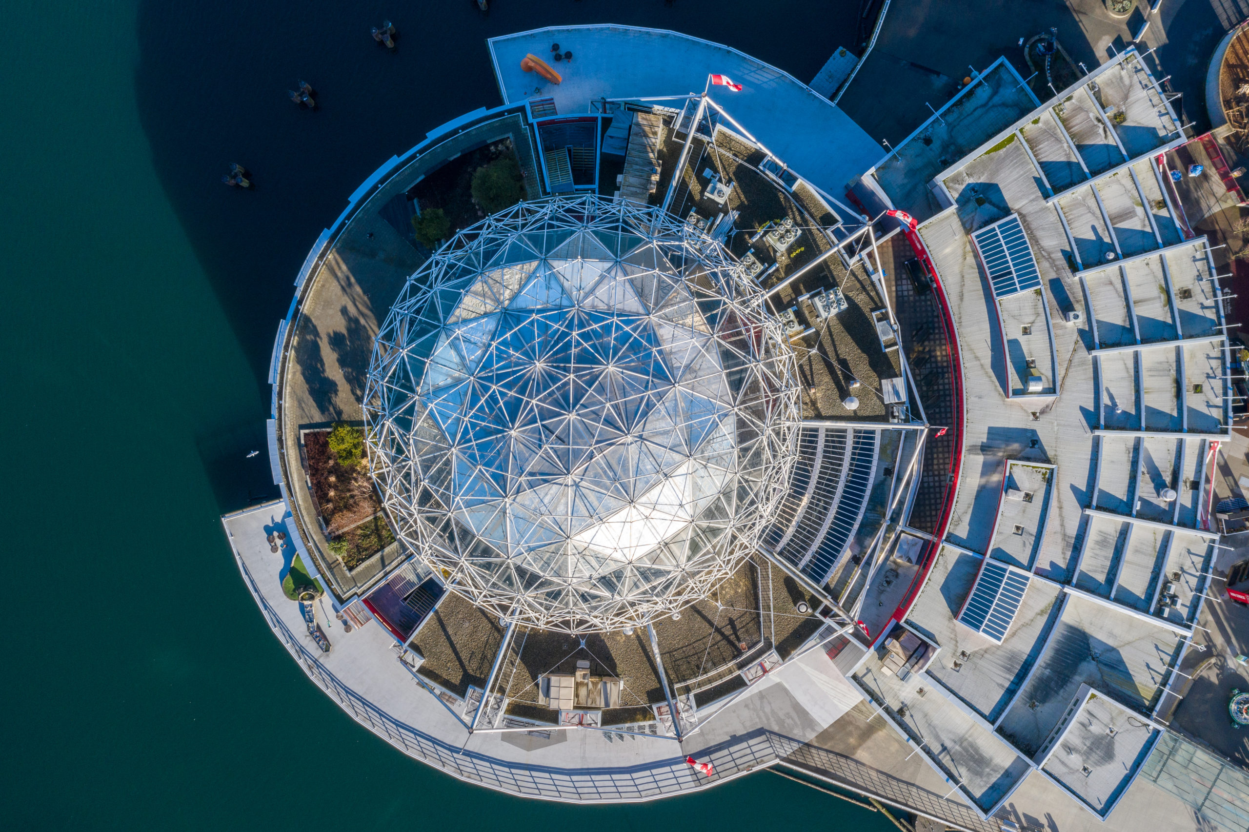 An aerial shot of Science World's geodesic dome